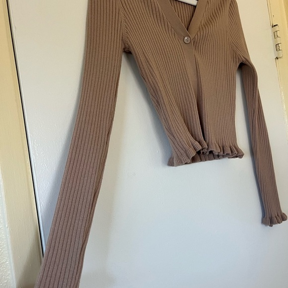 Tan Ribbed Cardigan Sweater - Picture 3 of 4